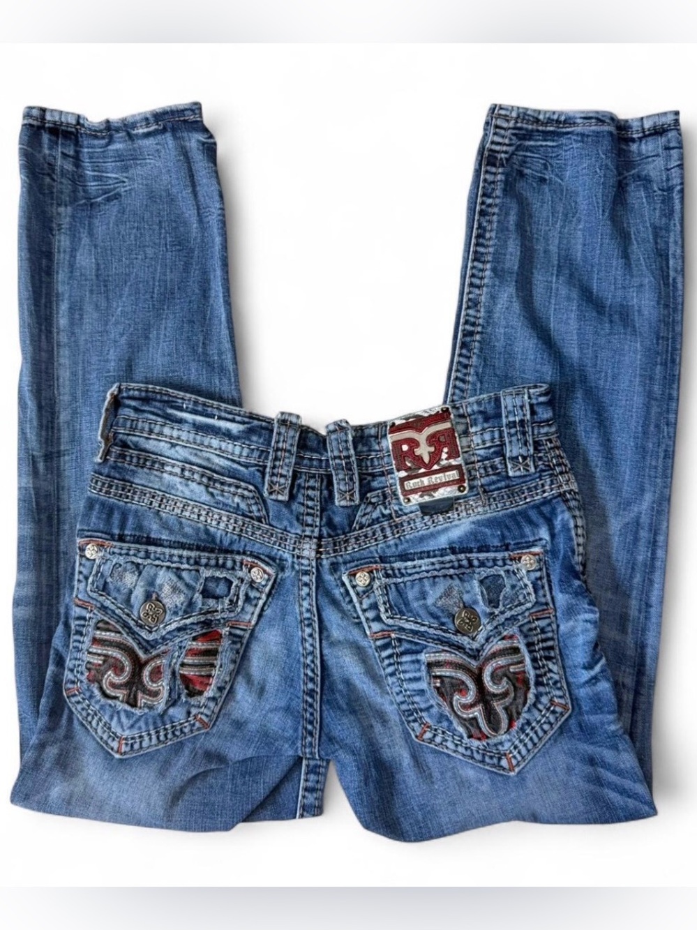 Rock Revival Grunge Distressed Jeans with Embroidered Pockets